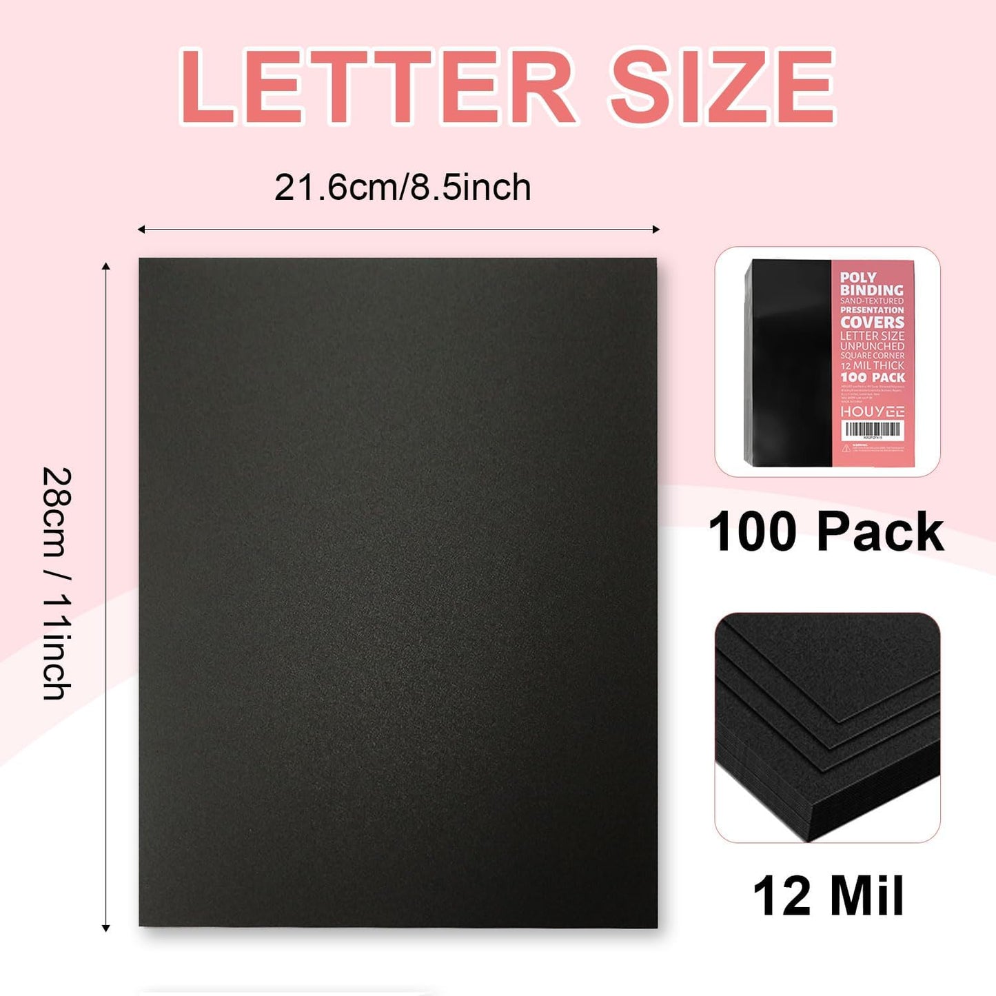 HOUYEE 100 Pack 12 Mil Poly Binding Covers,Sand Texture Binding Presentation Covers,8.5x11 Inches,Letter Size,Black,Square Corners,Un-Punched