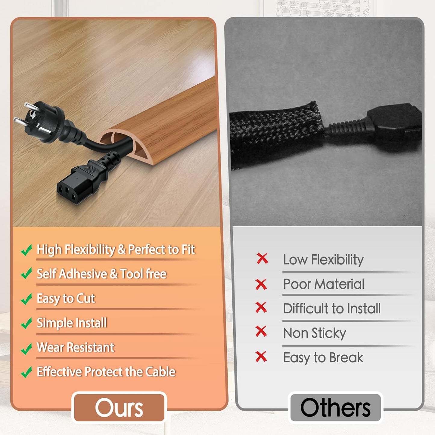 Floor Cord Cover for Wires on Floor Self Adhesive Cord Hider Floor Cable Management Wire Covers for Cords Protector Prevent Cable Trips Cord Cavity W 0.51" x H 0.31", Brown Wood, 10Ft