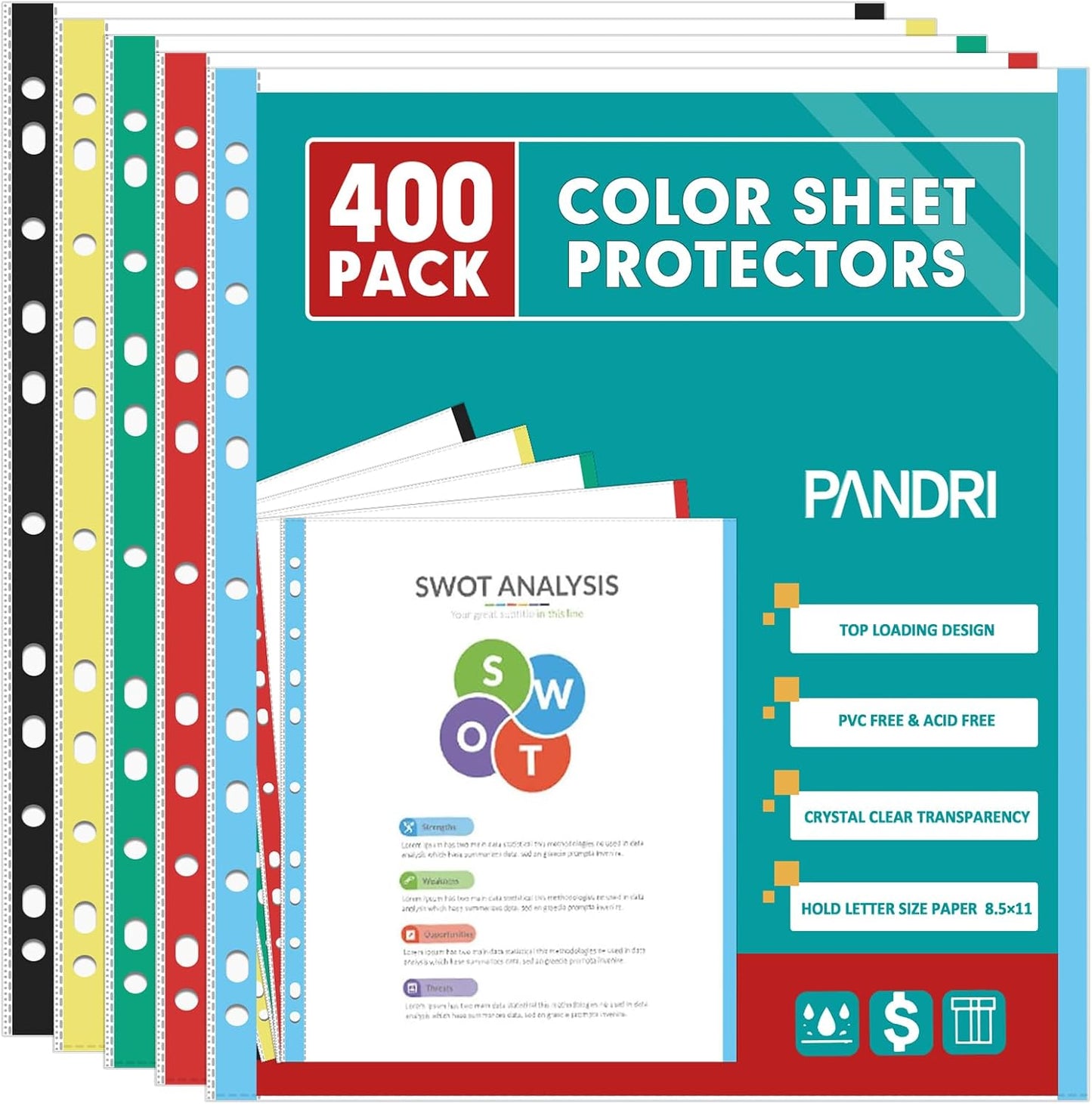 Sheet Protectors, PANDRI 400 Pack Color Heavy Duty Plastic Page Protectors Sheet Reinforced 11-Hole Fit for 3 Ring Binder Fits Standard 8.5 x 11 Paper, 9.25 x 11.25 Top Loaded, Excluding Acid