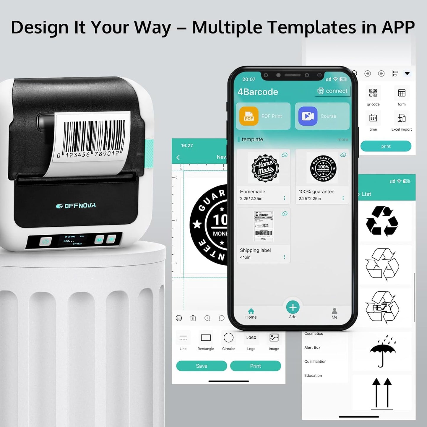 OFFNOVA Label Maker, 3-Inch Barcode Label Printer, Bluetooth Thermal Label Printer for Address, Shipping, Product Tags, Home, School & Office, Sticker Printer for Phones & PC with 1 Tape