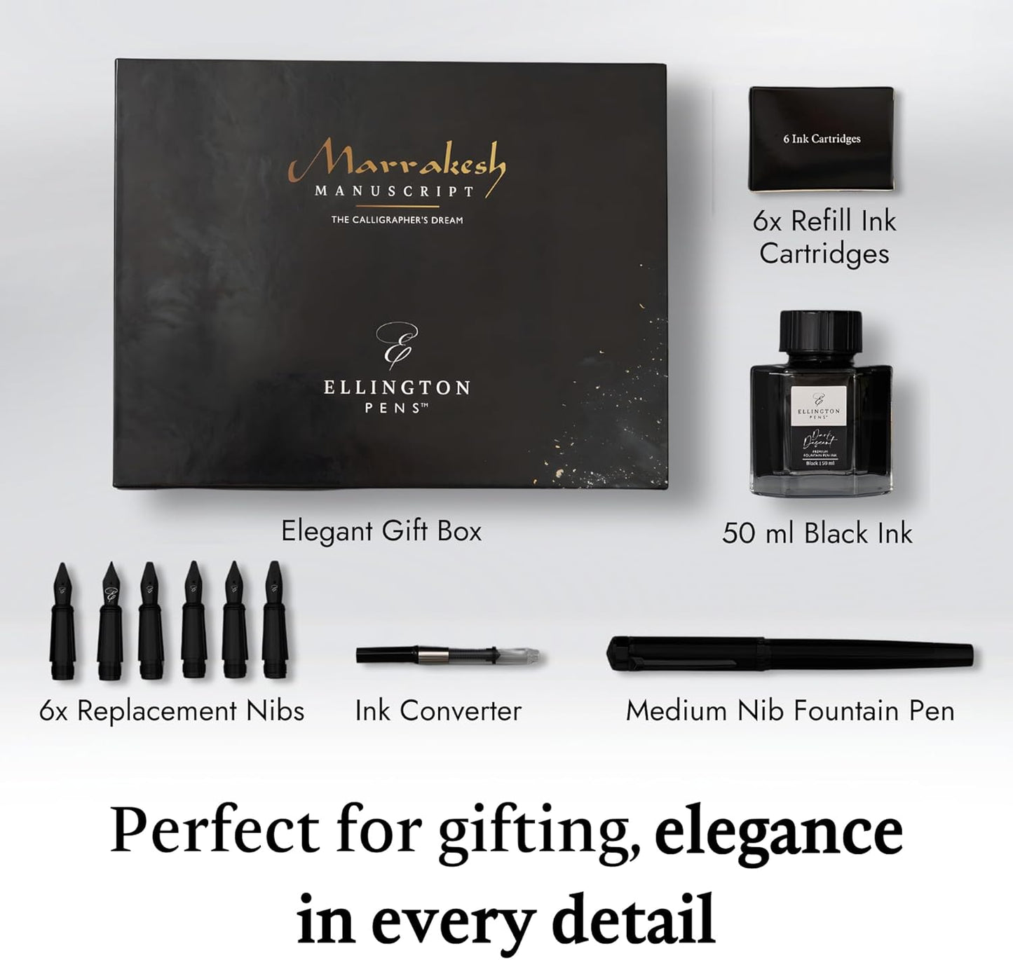 Luxury Calligraphy Set – Premium Fountain Pen with 6 Nibs, 6 Bottle, 6 Cartridges, Converter, and Elegant Gift Box – Perfect for Calligraphers, Writers, Gifting