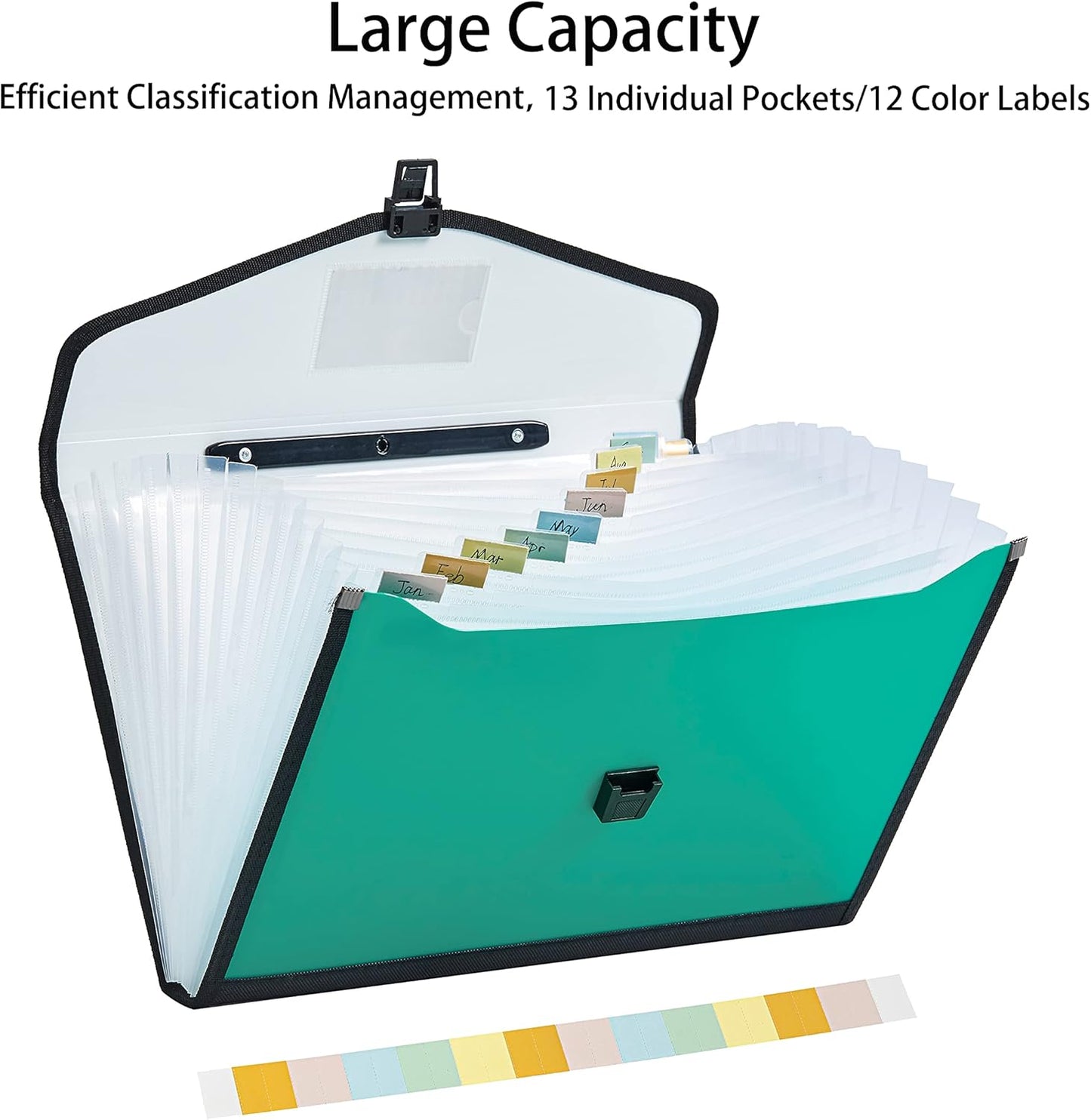 Leagl Size 13-Pockets Expanding File Folder with Handle, Plastic Accordion Filling File Folder Expandable Monthly Portable Paper Document Organizer for Office School & Home (Green)