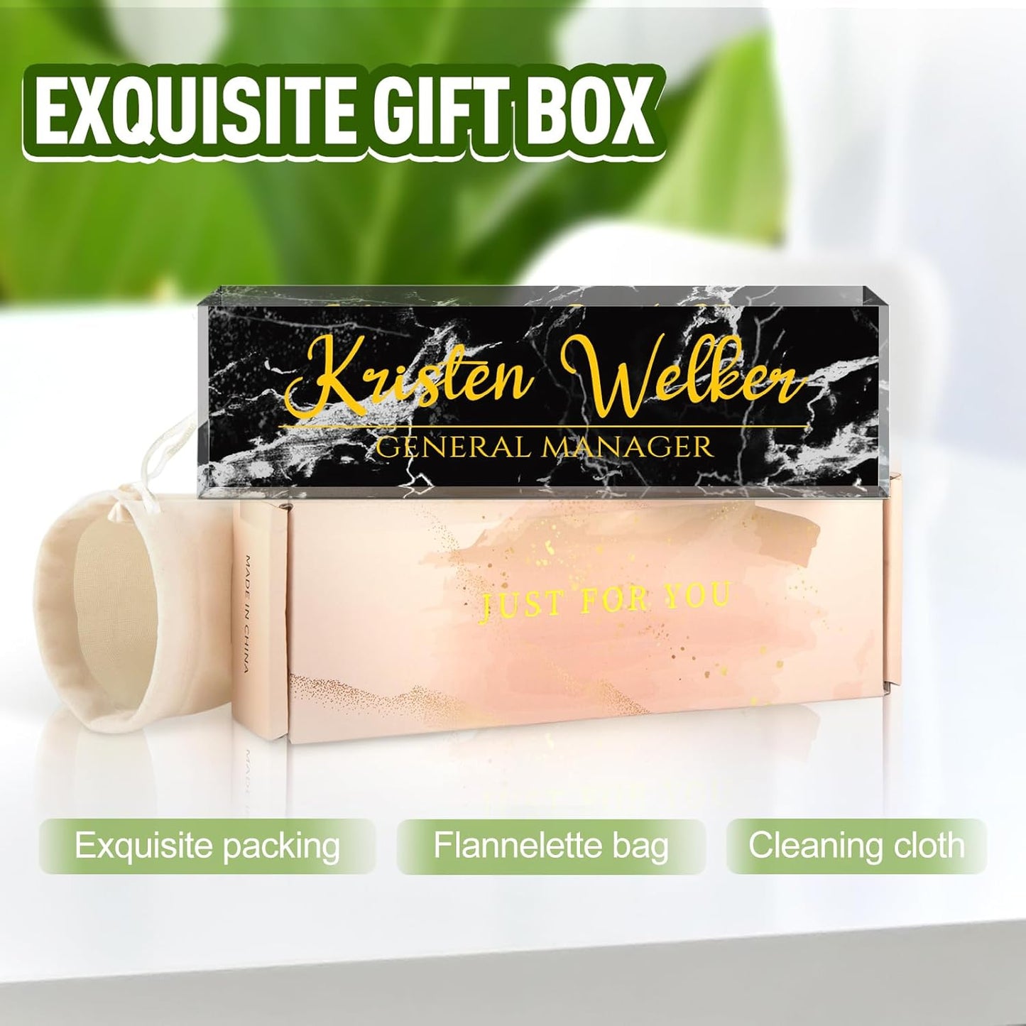 Name Plate for Desk, Desk Name Plate Personalized, Office Decor for Women Men, Acrylic Desktop Accessories, Office Appreciation Gifts for Boss Social Workers Nurse Teacher Employee (Black Marble)