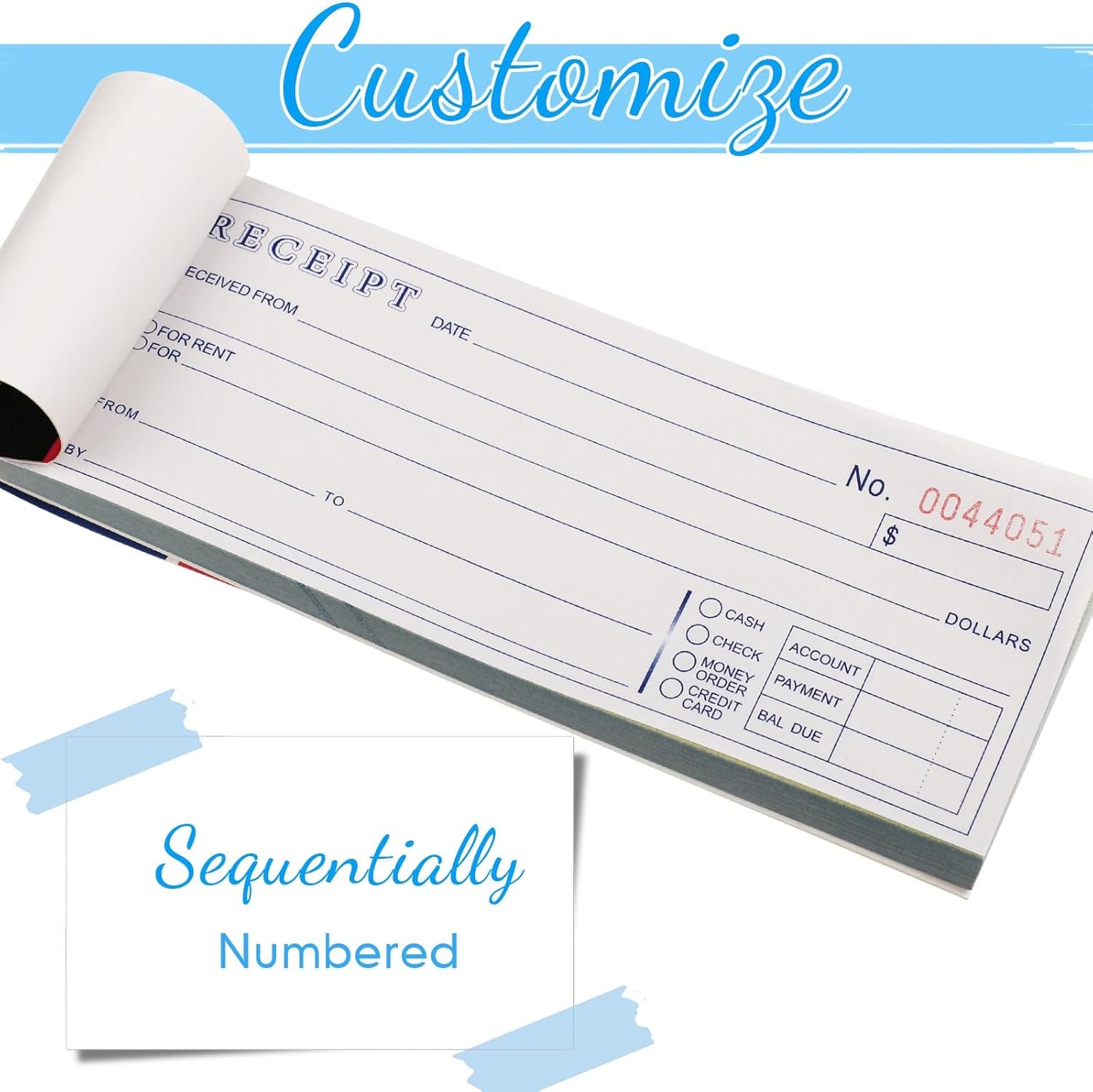 Crtiin 2 Pads Money and Rent Receipt Book 2.75 x 7.2 Inch Bound Cover 2 Part Carbonless Receipt Book with Carbonless Copies Receipt Log Book 50 Sets Per Book