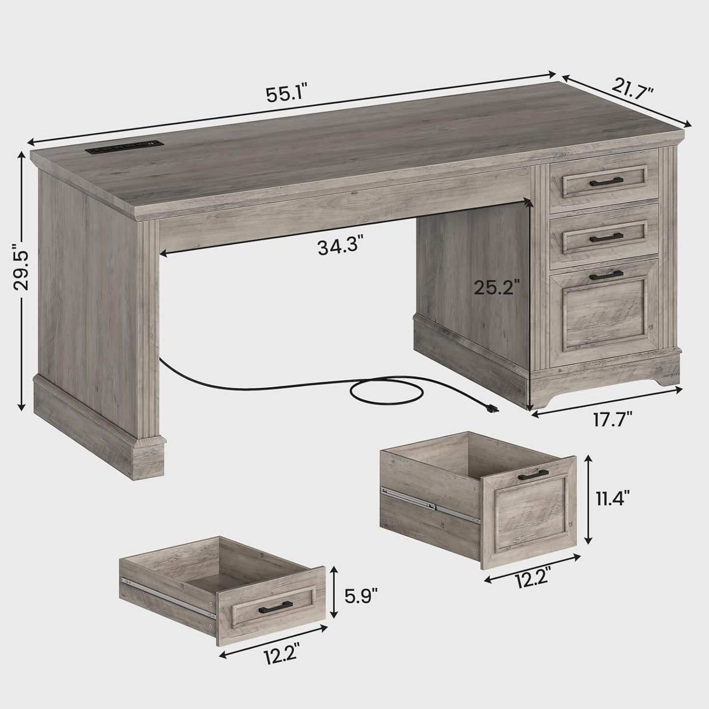 SEDETA Executive Office Desk with 3 Drawers, Farmhouse 55" Computer Desk with Storage File Drawers & Power Outlet for Home Office, Grey