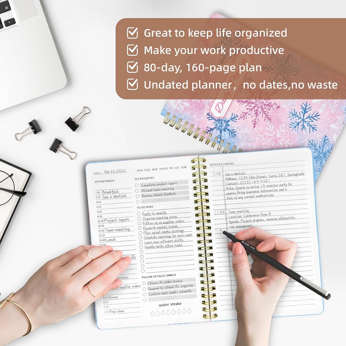 Undated Daily Planner - Spiral Notebook 80 Days One Day Per Page, Hourly Schedule, To-Do List, Notes, Everyday Planning Task, A5 Hardcover Journal Organizer Book Women Cute Aesthetic, Winter