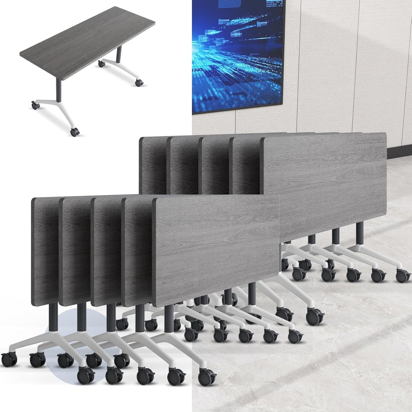 Folding Conference Table, Mobile Training Table for Office Conference, Modern Modular Rectangular Work Desk Meeting Seminar Work Tables with Caster Wheels, Large Breakroom Tables (10Pack L70.9in)