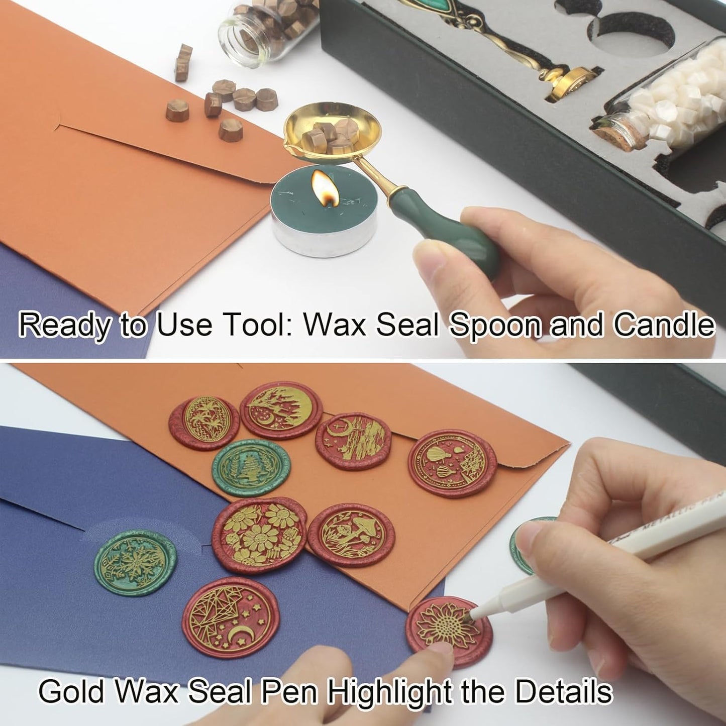 Letter Wax Seal Stamp Kit, Andotopee Wax Seal Kit Initial Alphabet H Sealing Wax Stamp Head 3pcs, Vintage Wax Stamp Seal Kit with Wax Seal Beads, Wax Seal Warmer Tools, Wax Seal Pen, Gift Box Set