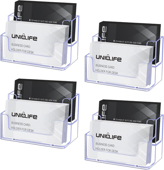 Uniclife 4 Pack Acrylic Business Card Holder for Desk 2 Slots Clear Business Card Display Stand for Men & Women Desktop Business Card Organizer Card Stand for Office Home Exhibition, 120 Card Capacity