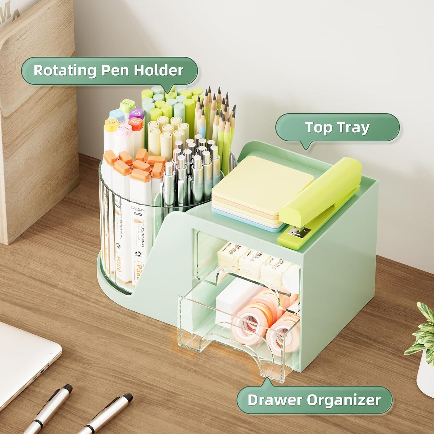 Marbrasse Desk Organizer with 2 Drawer, 360°Rotating Pen Holder, Desk Organizers and Accessories with 6 Slots Pencil Holder + 2 Drawer, Art Supply Storage Box Caddy for Office (Green)