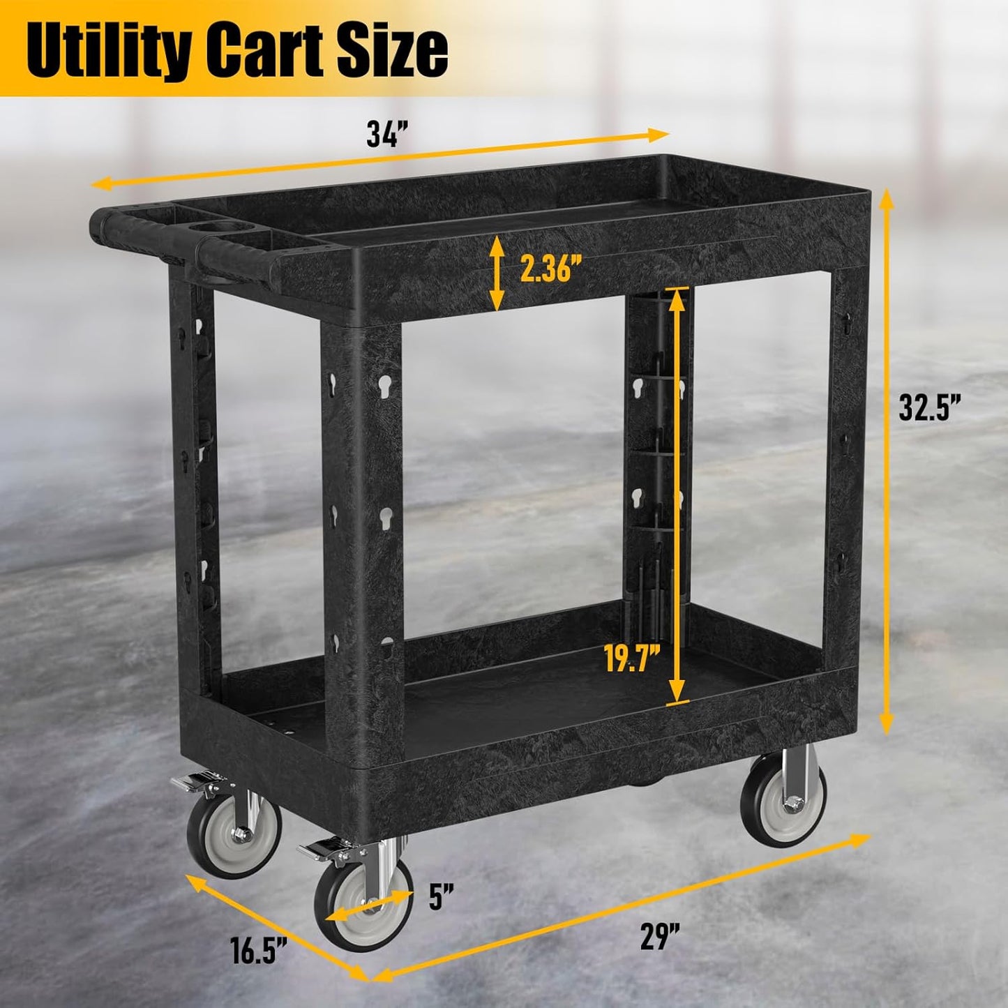 Service Utility Plastic Tool Cart, 34 x 17-Inch Rolling With Deep 2-Shelf, Heavy Duty Wheels, 550 lbs Capacity Organizer for Garage, Warehouse, Workshop