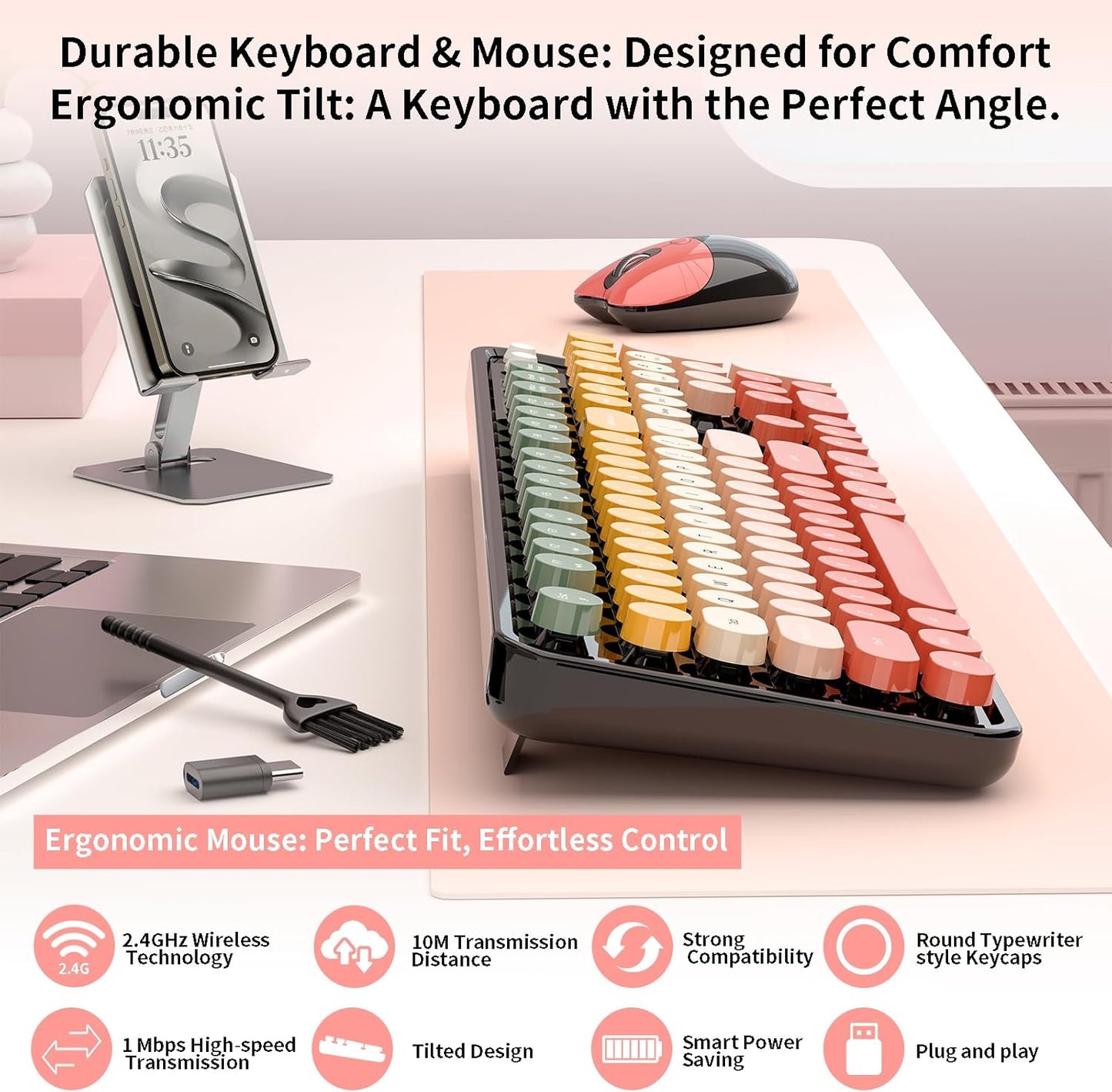 Wireless Keyboard and Mouse, MOFII 104 Round Keycaps Retro Typewriter with OTG & Brush, Full-Size Ergonomic, Ideal for Windows PC, Home, Office and College Rainbow Red
