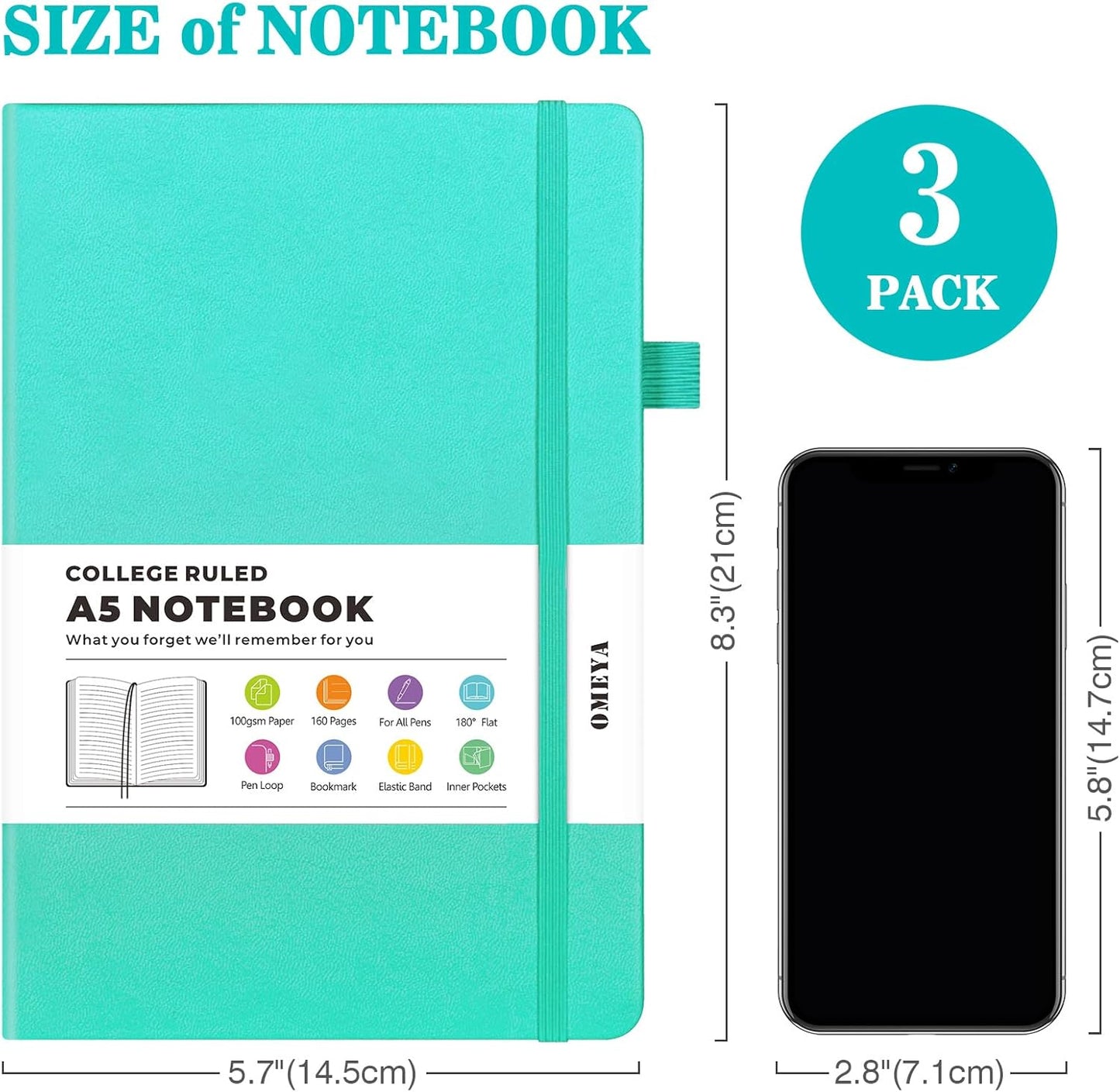 Lined Journal Notebook, 3 Pack A5 College Ruled Notebooks for Work, Hardcover Notebook Each with 2 Pockets & Pen, Leather Journal for Women, Men, 160 Pages, 100GSM Thick Paper ( Blue 5.7" x 8.3" )