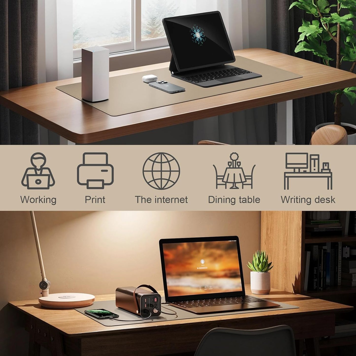 DAWNTREES Desk Mat Protector,PU Leather Desk Pad,Non Slip, Large Mouse Pad and Keyboard Mat, Waterproof Writing Pad for Office and Home (Beige)
