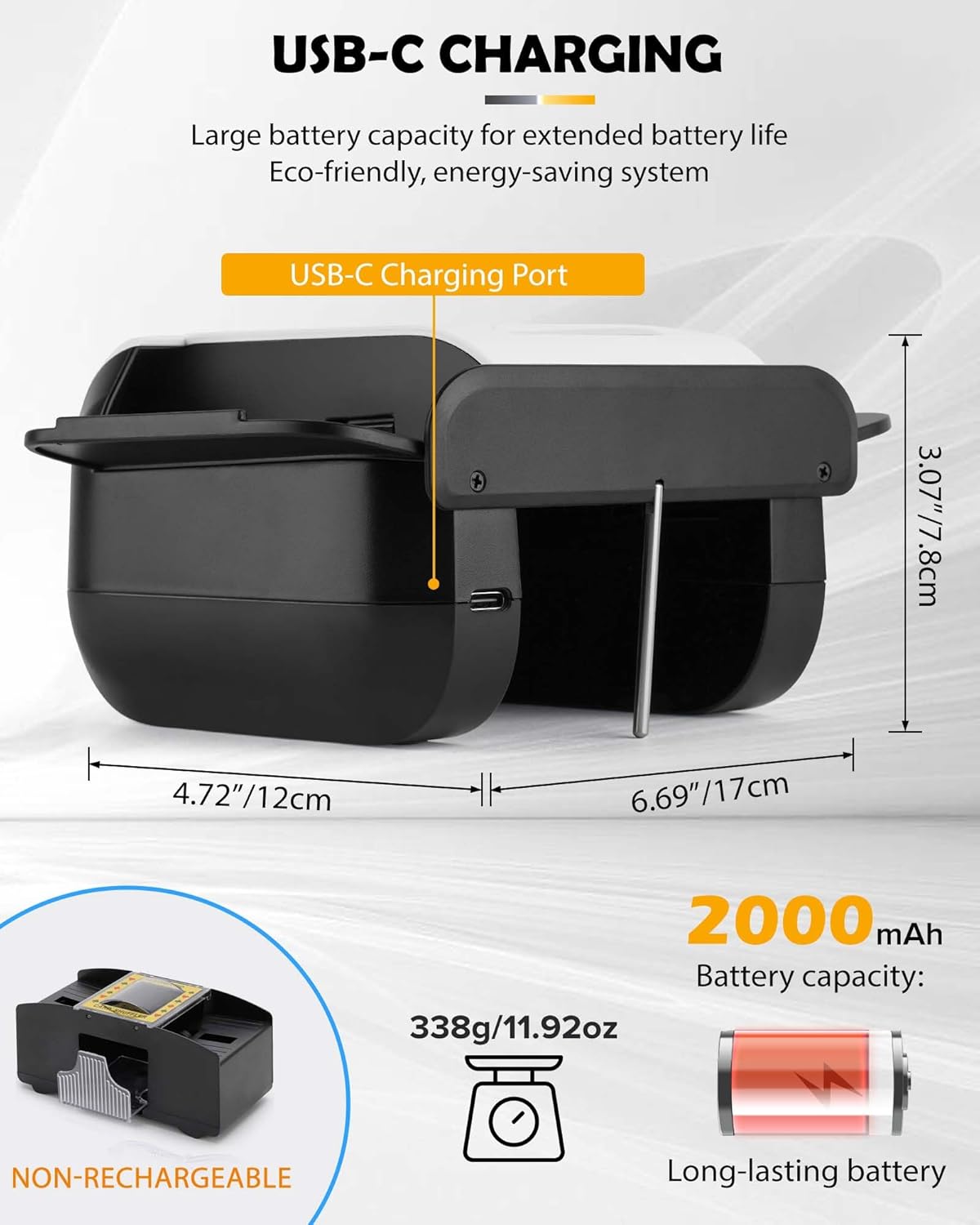 Automatic Card Shuffler, Electric Card Shuffler for 1-2 Decks One-Touch AUTO & Manual Mode Rechargeable 2000mAh Battery Low Noise Ideal for Poker UNO Blackjack Texas Hold'em Skip-Bo Phase 10