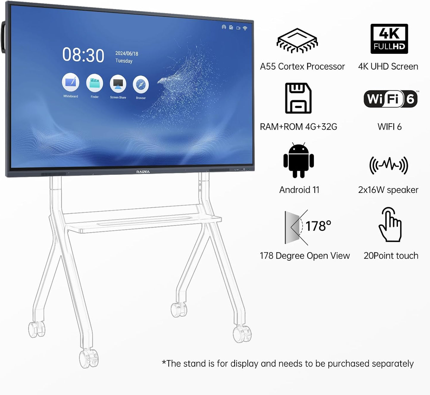 Smart Board 55 inch Interactive Whiteboard Display 4K UHD Touchscreen Digital Whiteboard Electronic White Board for Home Office Classroom Presentation, Writing, Coaching(Board & Wall Mount Included)