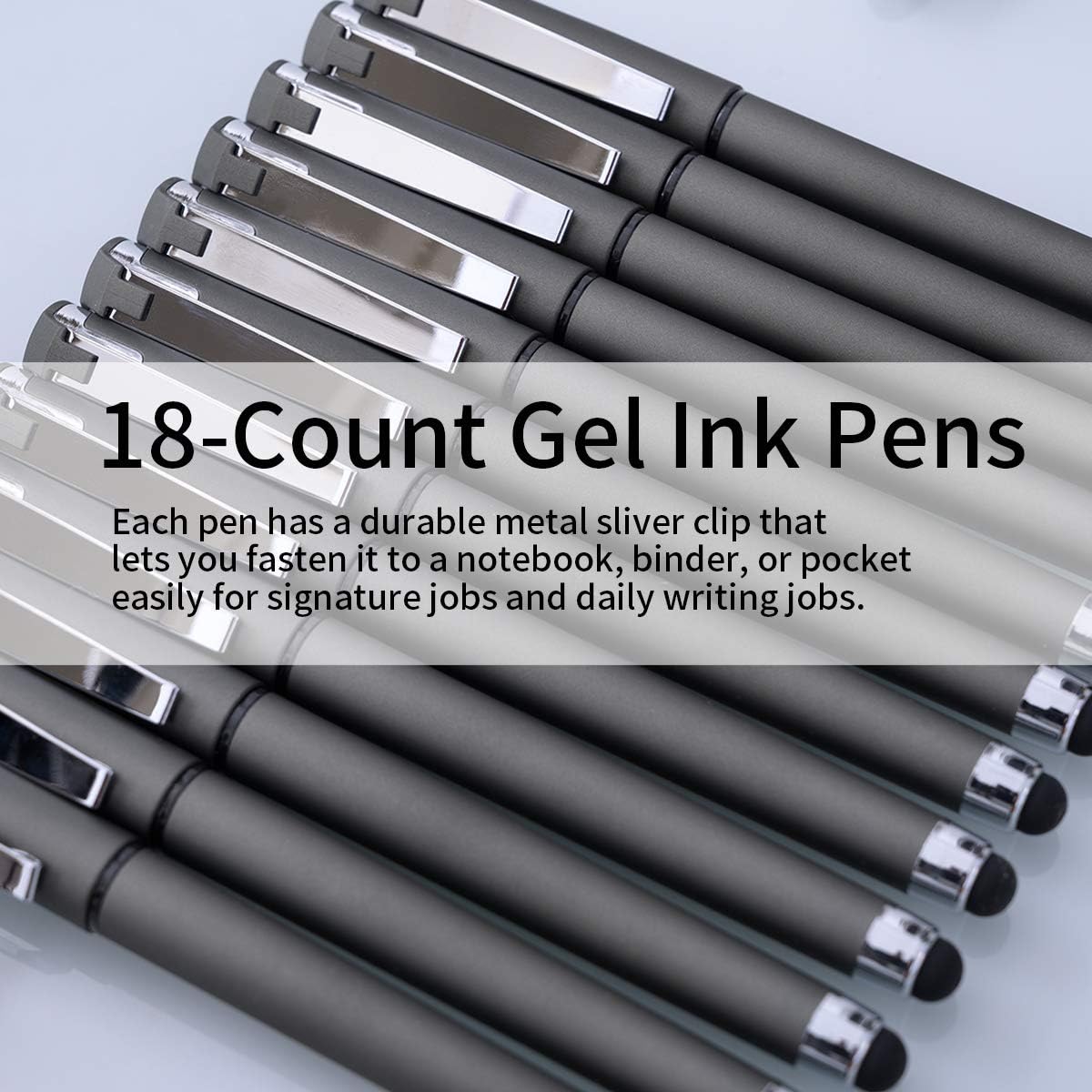 MiSiBao 0.7mm Black Ink Gel Ink Rollerball Pens 2 in 1 Medium Point Pens with Stylus Work Pen Smooth Writing for Office Black gel pen (Dark Grey-18pack)