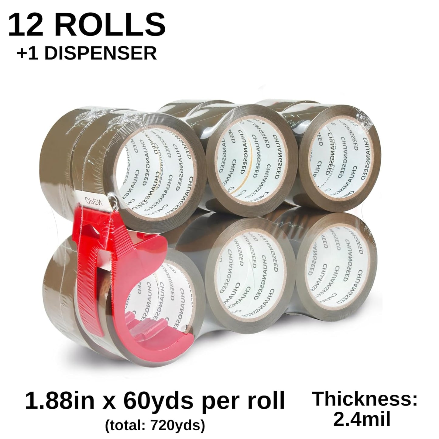 CHUANGSEED Packing Tape with Dispenser – 12 Rolls Brown Shipping Tape (2.4Mil x 1.88” x 60 Yards), Heavy Duty Box Sealing Tape for Moving, Packaging, Office, Warehouse