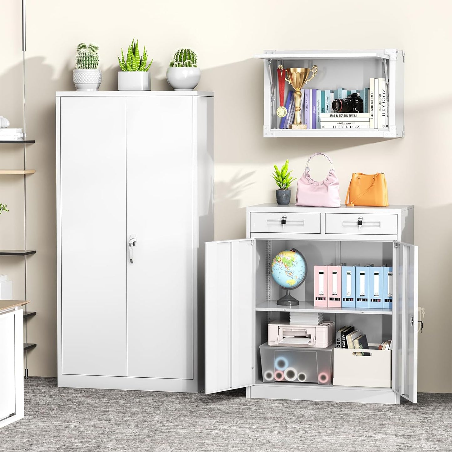 Greenvelly Metal Storage Cabinet, 42' White Steel Garage Cabinet with 2 Doors, Adjustable Shelves, Locking for Office, School or Tool Organization