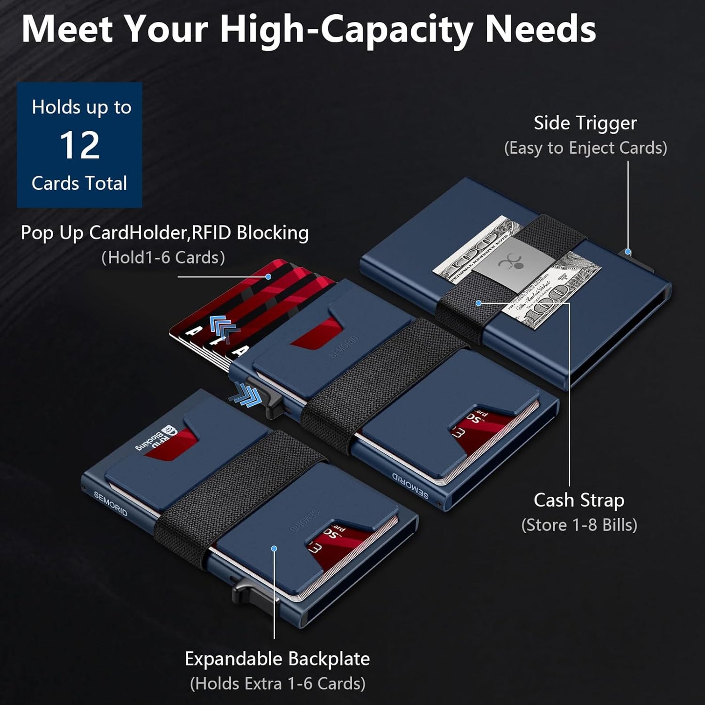 Slim Aluminum Card Holder Wallet for Men, Durable Expandable Backplate, RFID Blocking Minimalist Metal Pop Up Wallet, Holds 12+ Cards Plus Cash