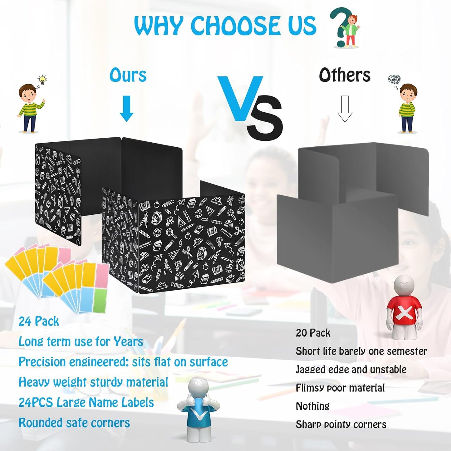 24 Pack Black Printing Privacy Floders for Student Desks - Durable Plastic Erasable - Testing Dividers for Classroom - Easy Clean Privacy Shields for Student - Includes Extra Labels