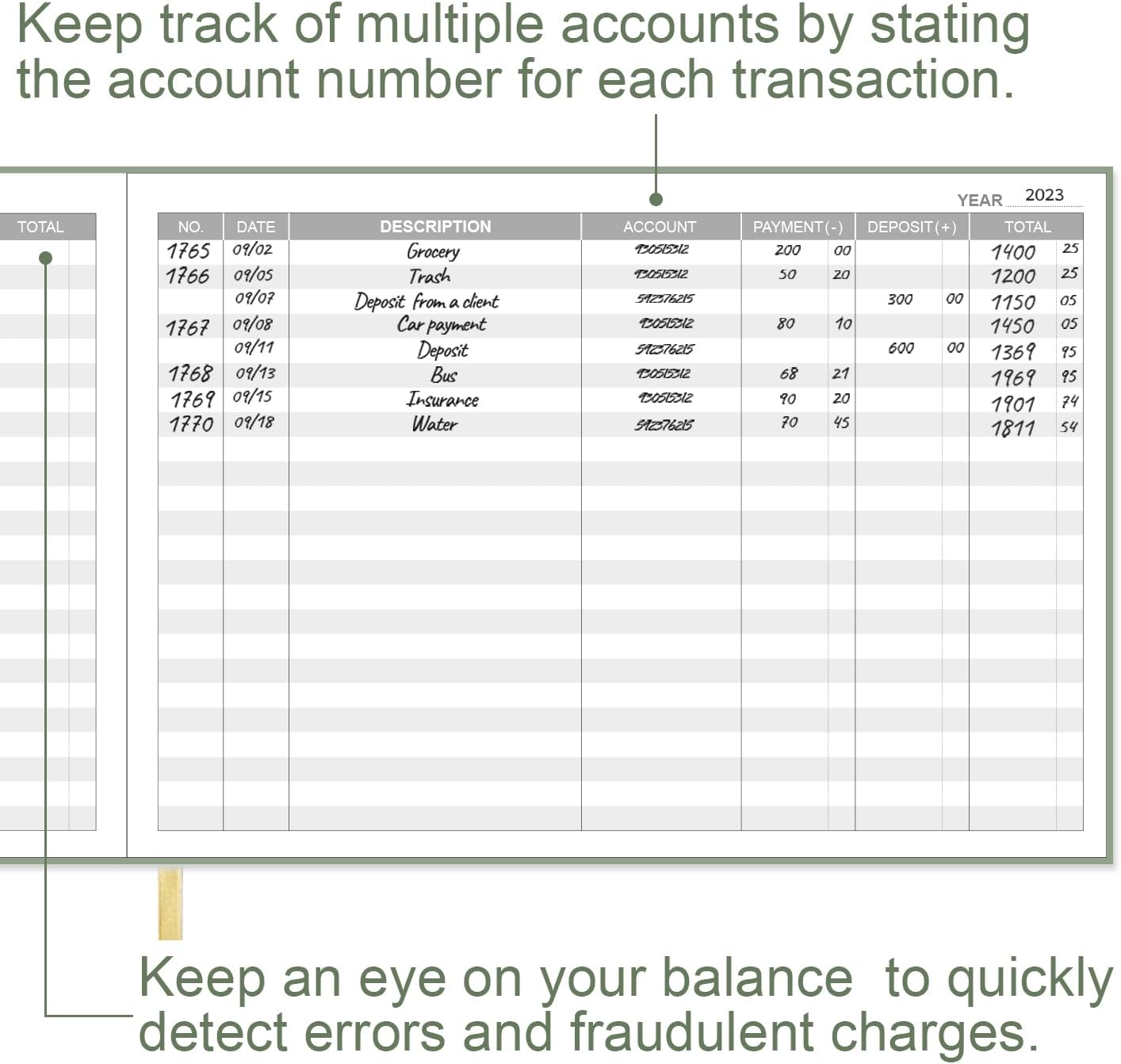 Accounting Ledger Book - Ledger Book for Small Businesses Bookkeeping & Personal Use, Expense Tracker Notebook for Tracking Money, Expenses, Deposits & Balance, 7" x 10", Green