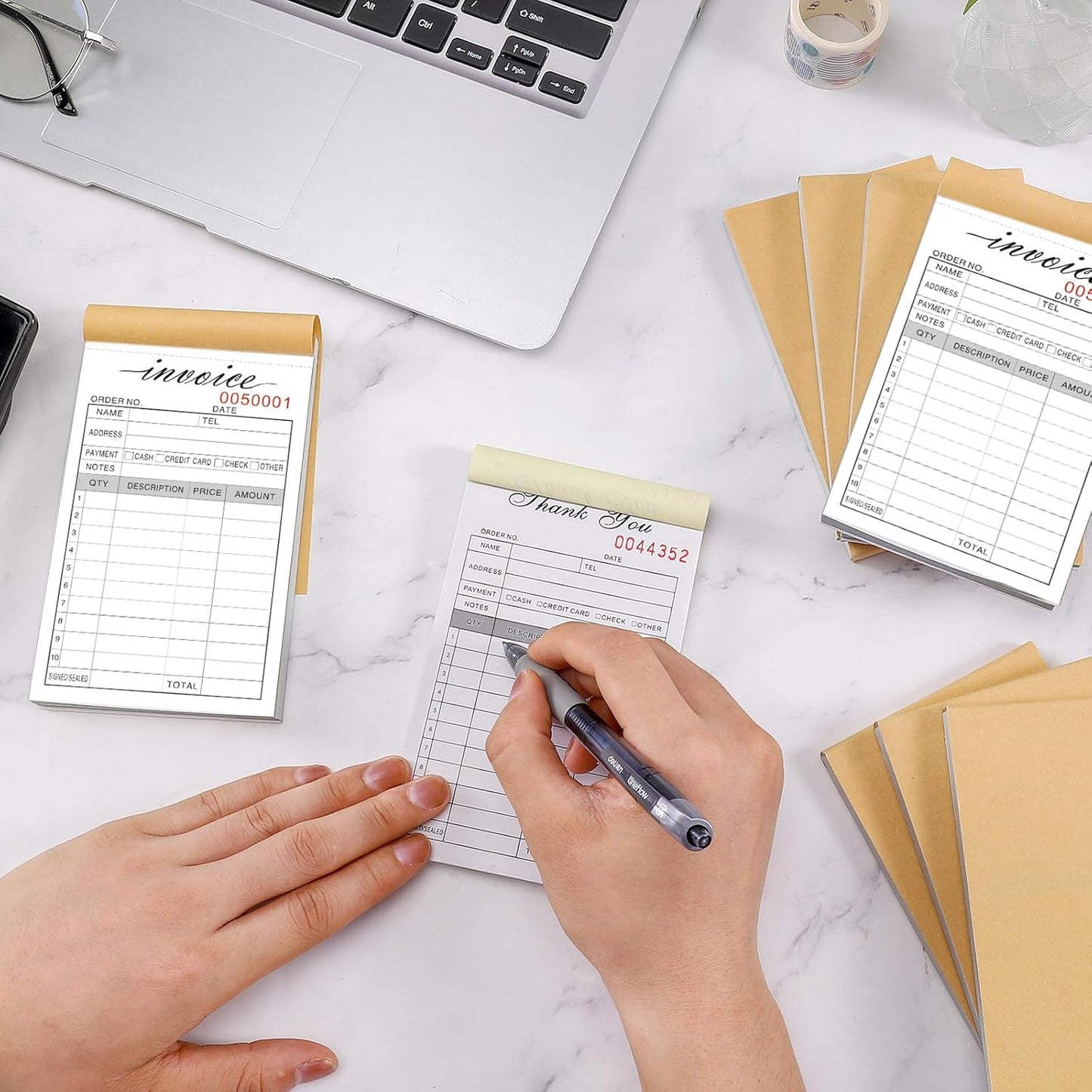 Invoice Receipt Book, 3.4x5.5" Handheld 2-Part Carbonless Sales Invoice Book, Invoice Pad with Cardboard for Small Boutique Business, (50 Sets * 2 Pack)