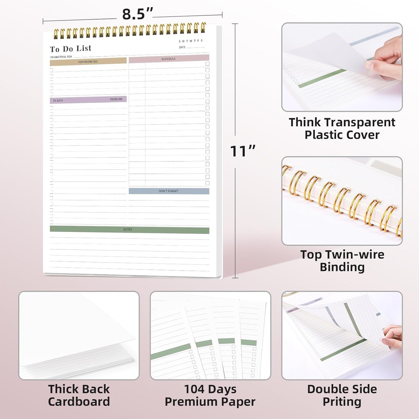 To Do List Notepad Undated, Daily To Do List Notebook (8.5"x 11") Spiral Daily Task Hourly Schedule Planning Pad with Checklist Suitable for Office, Home and School 104 Pages