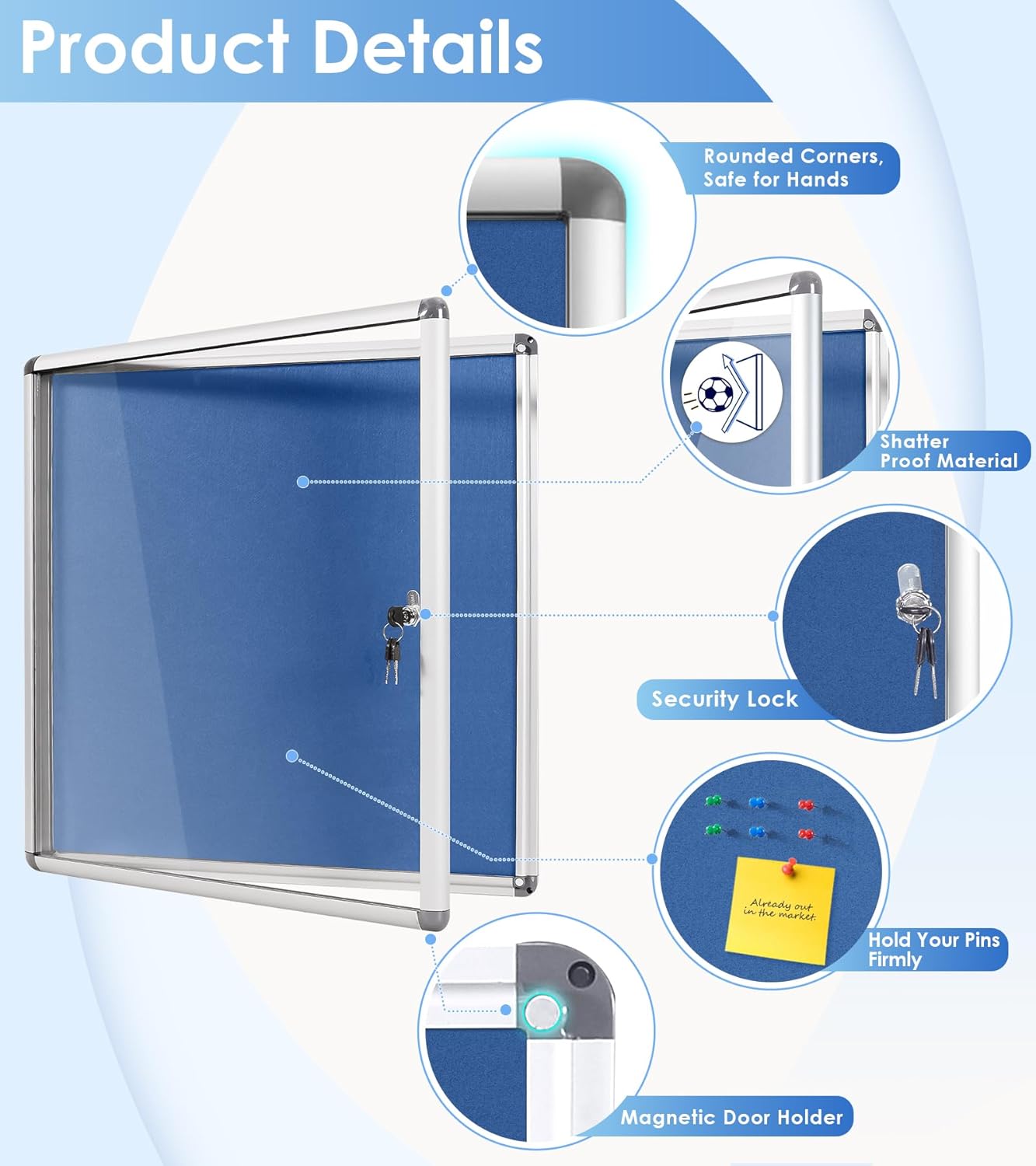 Swansea Blue Fabric Lockable Noticeboard Enclosed Pin Bulletin Board Glass Display Case for Wall Office School 6xA4
