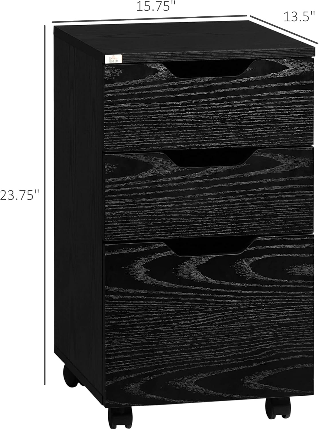 HOMCOM 3 Drawer Mobile File Cabinet, Rolling Printer Stand, Vertical Filing Cabinet, Black Wood Grain