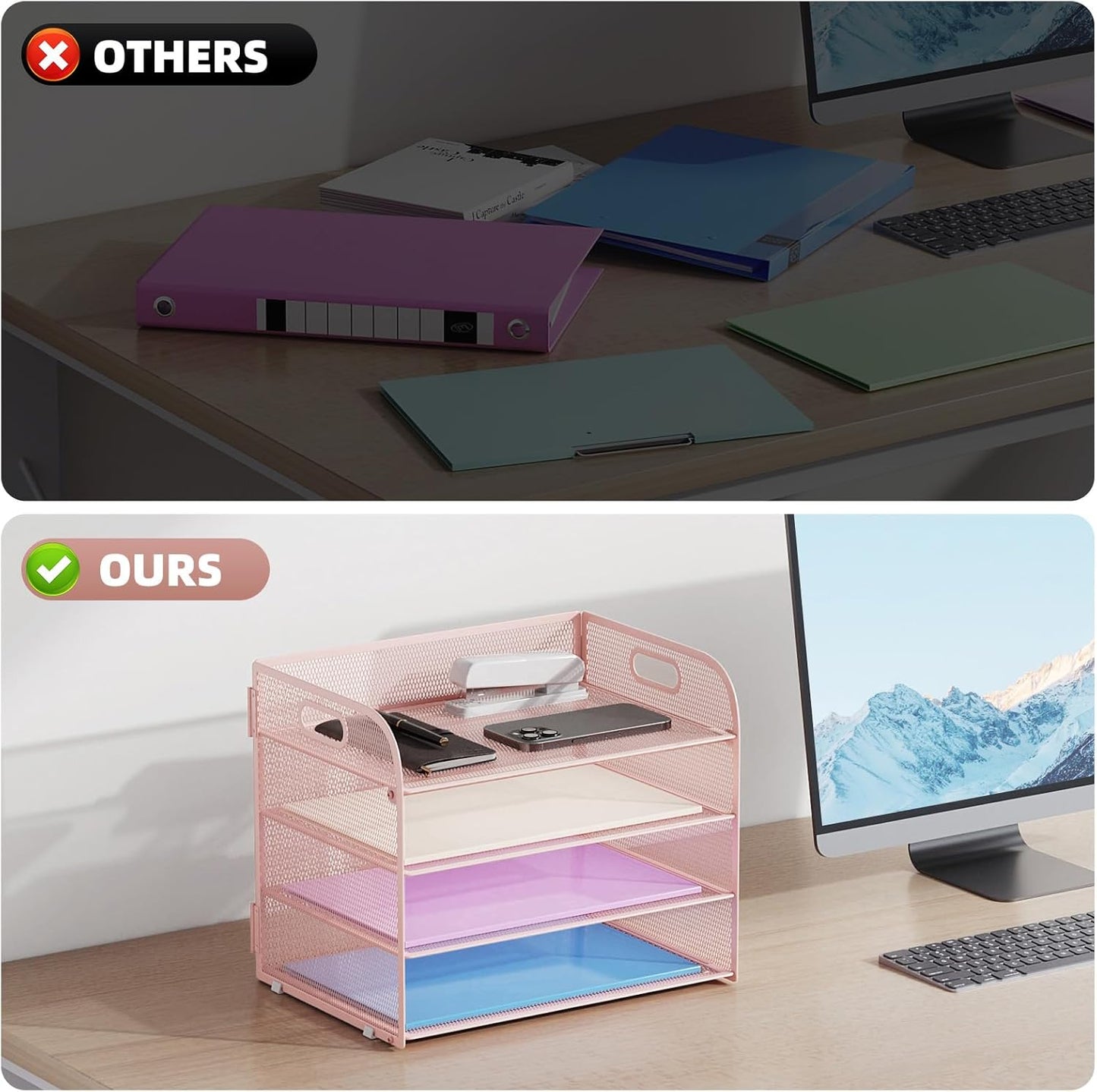 Marbrasse 4 Tier Paper Organizer Letter Tray - Mesh Desk File Organizer with Handle, Paper Sorter Organizer for Letter/A4 Office File Folder Holder (Pink, 12.6" x 9.1" x 10.7")