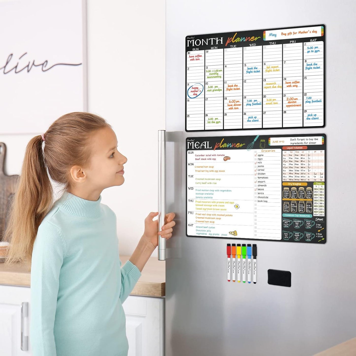 Magnetic Dry Erase Monthly Calendar and Menu Board - 17"x12" Monthly Planner and Meal Planning Board for Fridge - 6 Extra Fine Point Markers Included - Shipped Flat