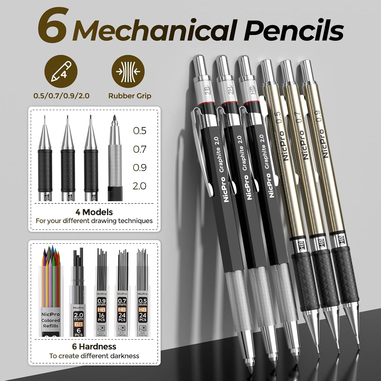 Nicpro 58 PCS Art Drawing Supplies Kit in Leather Case, Art Mechanical Pencil Set with 6 Metal Drafting Pencil 0.5 & 0.7 & 0.9 & 2mm, 12 Micron Pen, Sketch Book, 30 Tube Lead Refills for Sketching