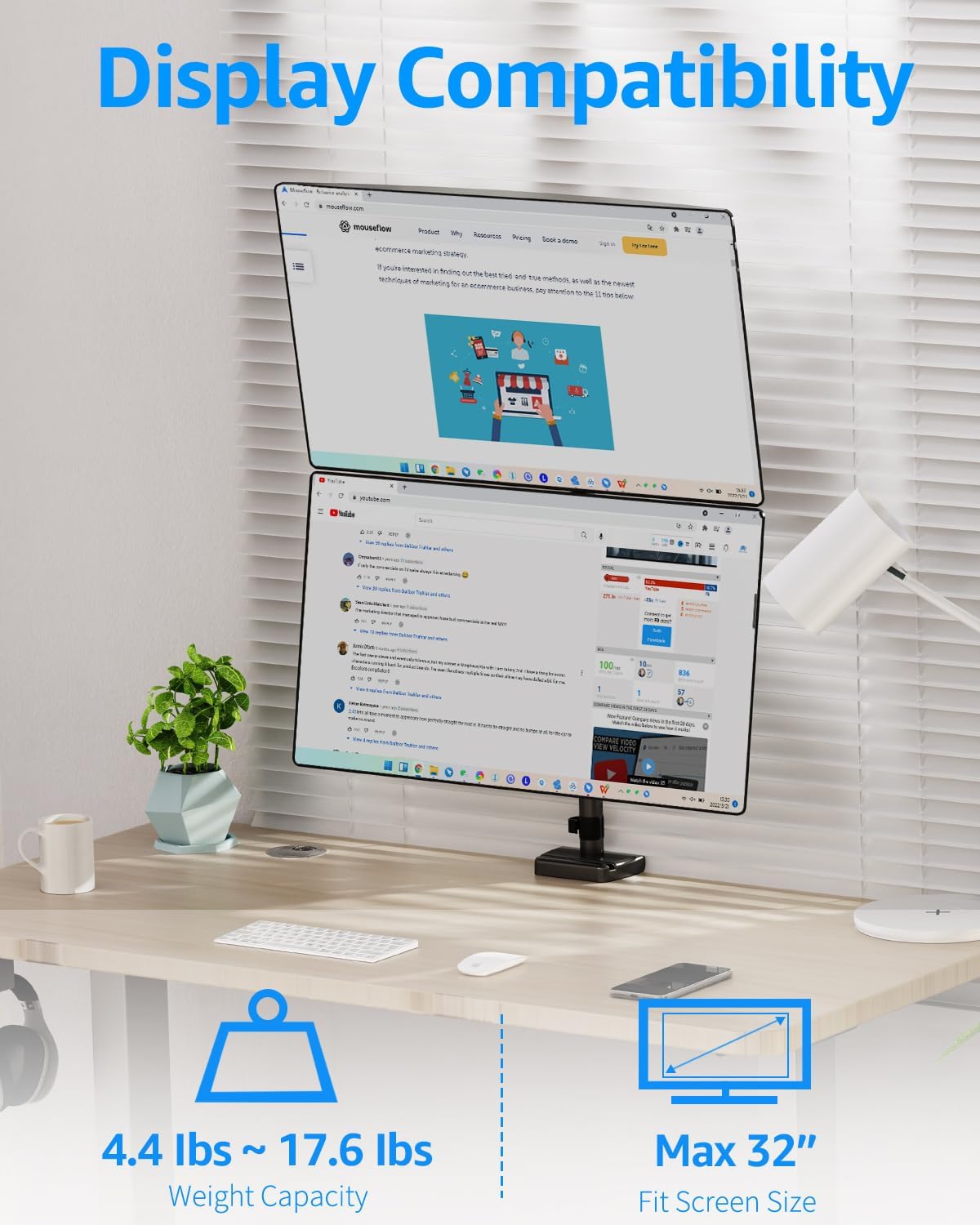 MOUNTUP Vertical Dual Monitor Mount Holds 4.4-17.6lbs, up to 32 Inch Stacked Monitor Mount with Gas Spring Arm with Clamp/Grommet Base Dual Monitor Stand for Desk, VESA 75x75/100x100 MU6012A