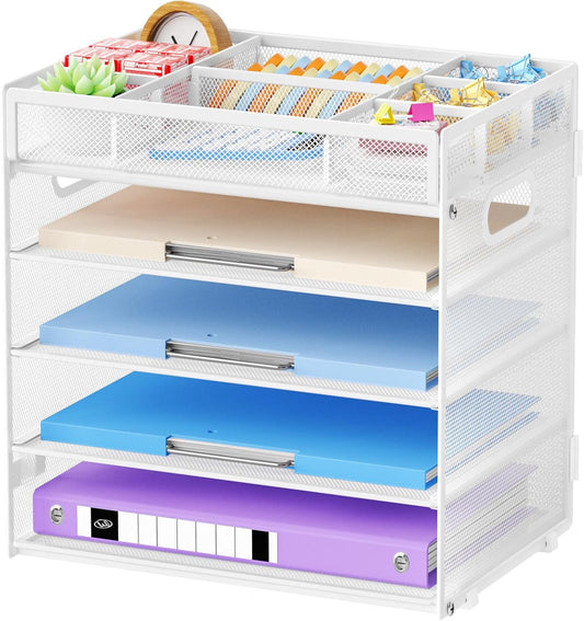 Marbrasse 5-Tier Letter Tray Paper Organizer with Handle, Multi-Functional Mesh File Organizer for Desk, Adjustable Compartments Mesh Desktop Storage for Office Supplies,White