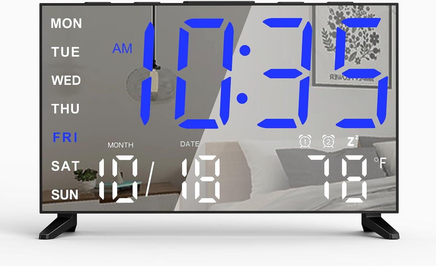 Mirror Digital Loud Alarm Clock with with Date,Indoor Temperature,USB Charging Port,Dimmer,Dual Alarms,Adjustable Volum,12/24H, Snooze, Perfect for Bedroom and Living Room (Black+Blue Digit)