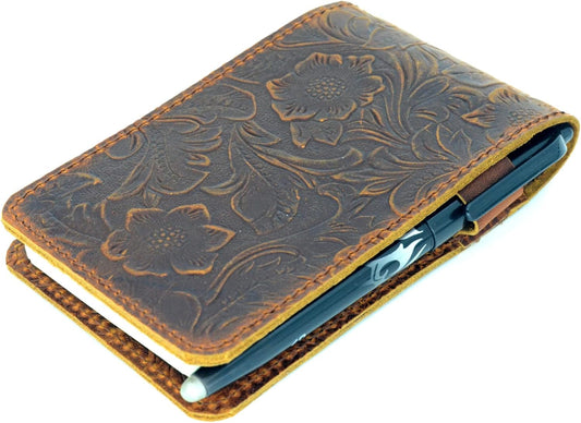 JJNUSA Leather Cover for Rite in the Rain Spiral Notebooks 3" x 5" Distressed Genuine Leather Memo Notebook Cover for Pocket Notebook 3 x 5 Flower Brown