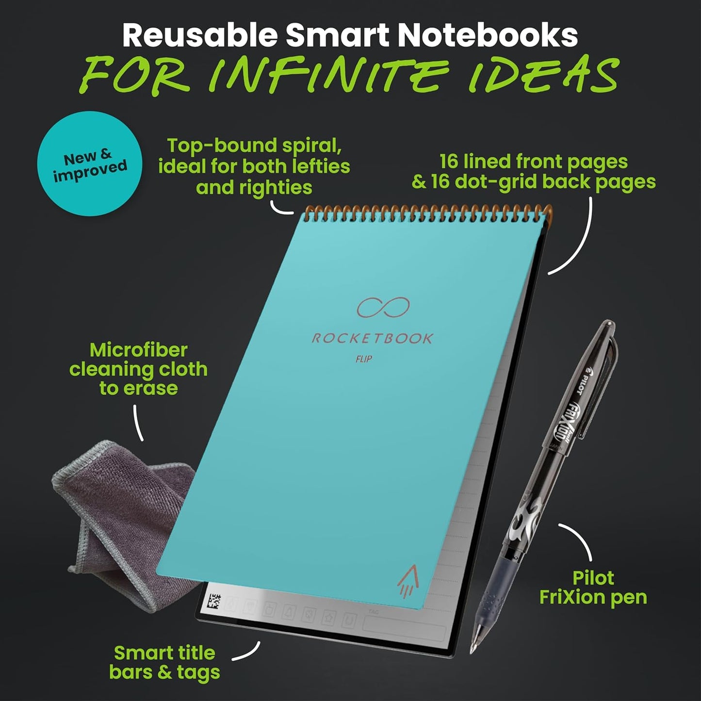 Rocketbook Flip Reusable Smart Notepad, Top Bound Notebook Letter Size 8.5x11, Teal - Lined and Dotted Pages, App-Connected, Erasable, Ideal for Righties and Lefties