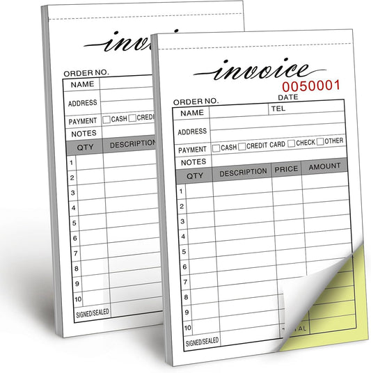 Invoice Receipt Book, 3.4x5.5" Handheld 2-Part Carbonless Sales Invoice Book, Invoice Pad with Cardboard for Small Boutique Business, (50 Sets * 2 Pack)