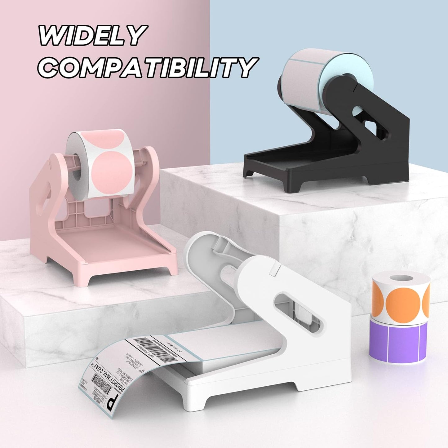 PONNOR Label Holder Thermal Label Holder for Rolls and Fanfold Labels Shipping Label Stand Desktop Printer Accessory Supplies for Home, Office (Black)