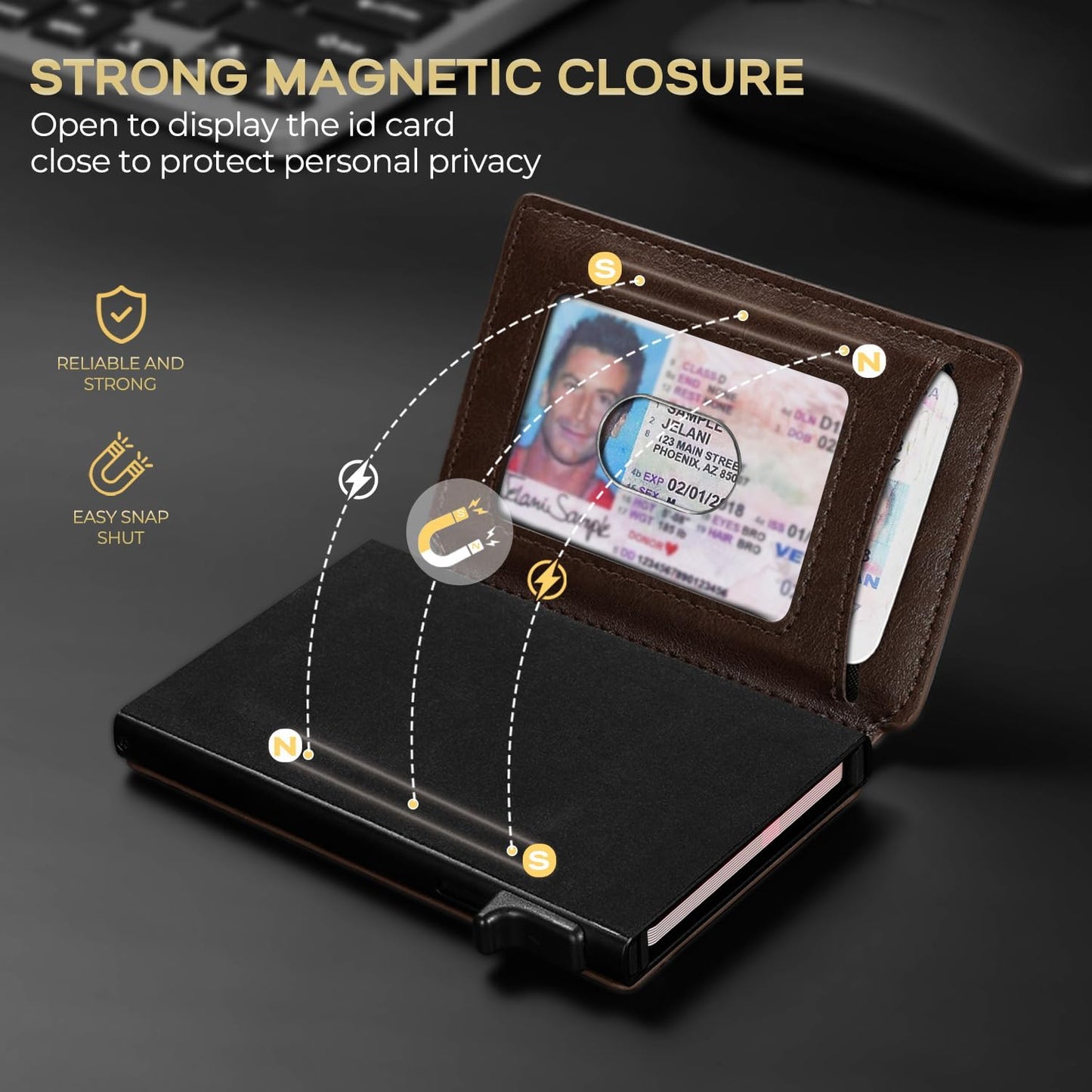 Slim Card Wallet for Men with ID Window – Minimalist RFID Wallet, Pop-Up Function, Ultra Thin Design, Metal Business Card Case Holds 8+ Cards, Gifts for Men, Men's Accessories