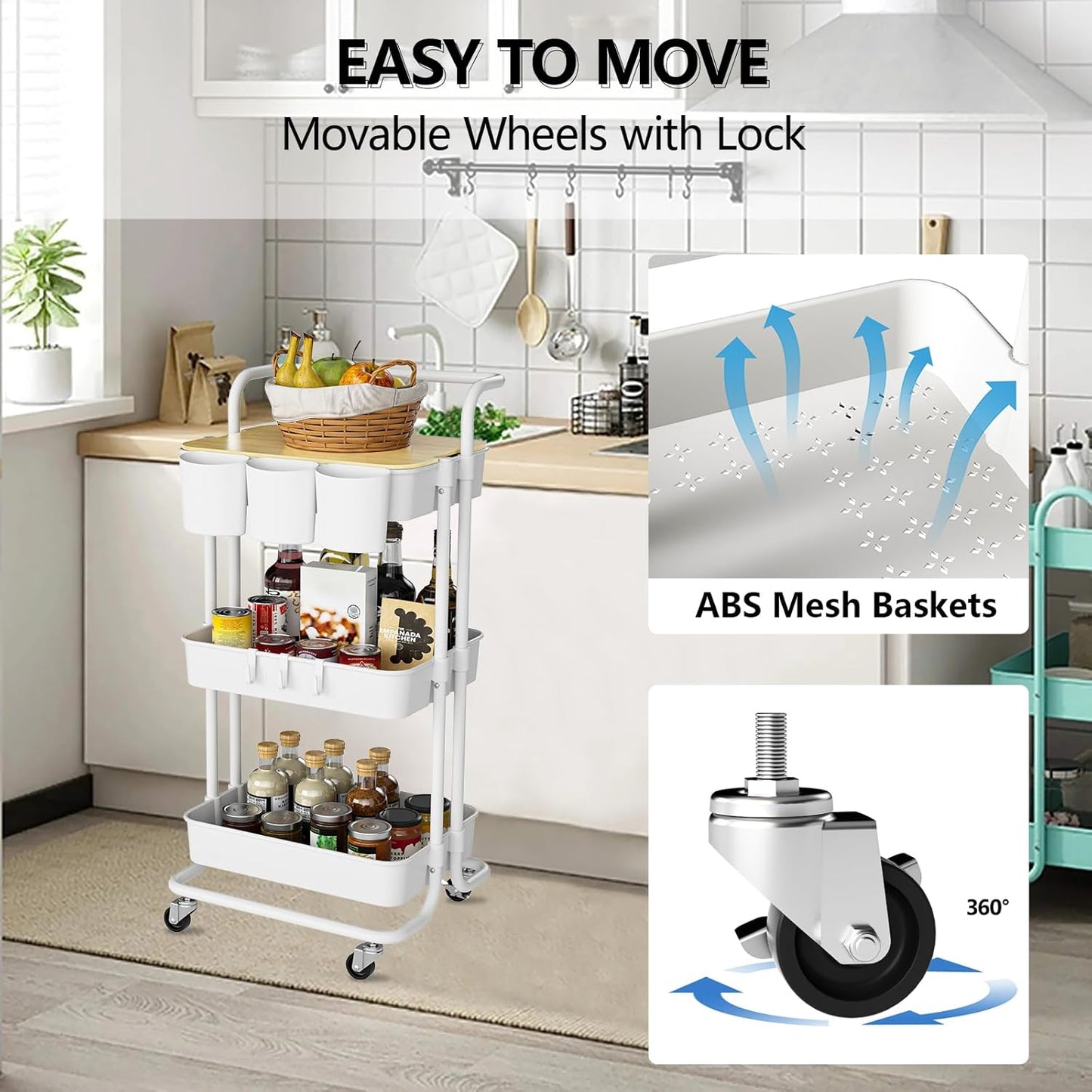 3 Tier Rolling Cart with Metal Handle, Table Top, Hanging Cups, Hooks, Plastic Storage Baskets& Wheels Lockable, Utility Cart for Bathroom Classroom Office Kitchen Pantry Organizers and Storage, White