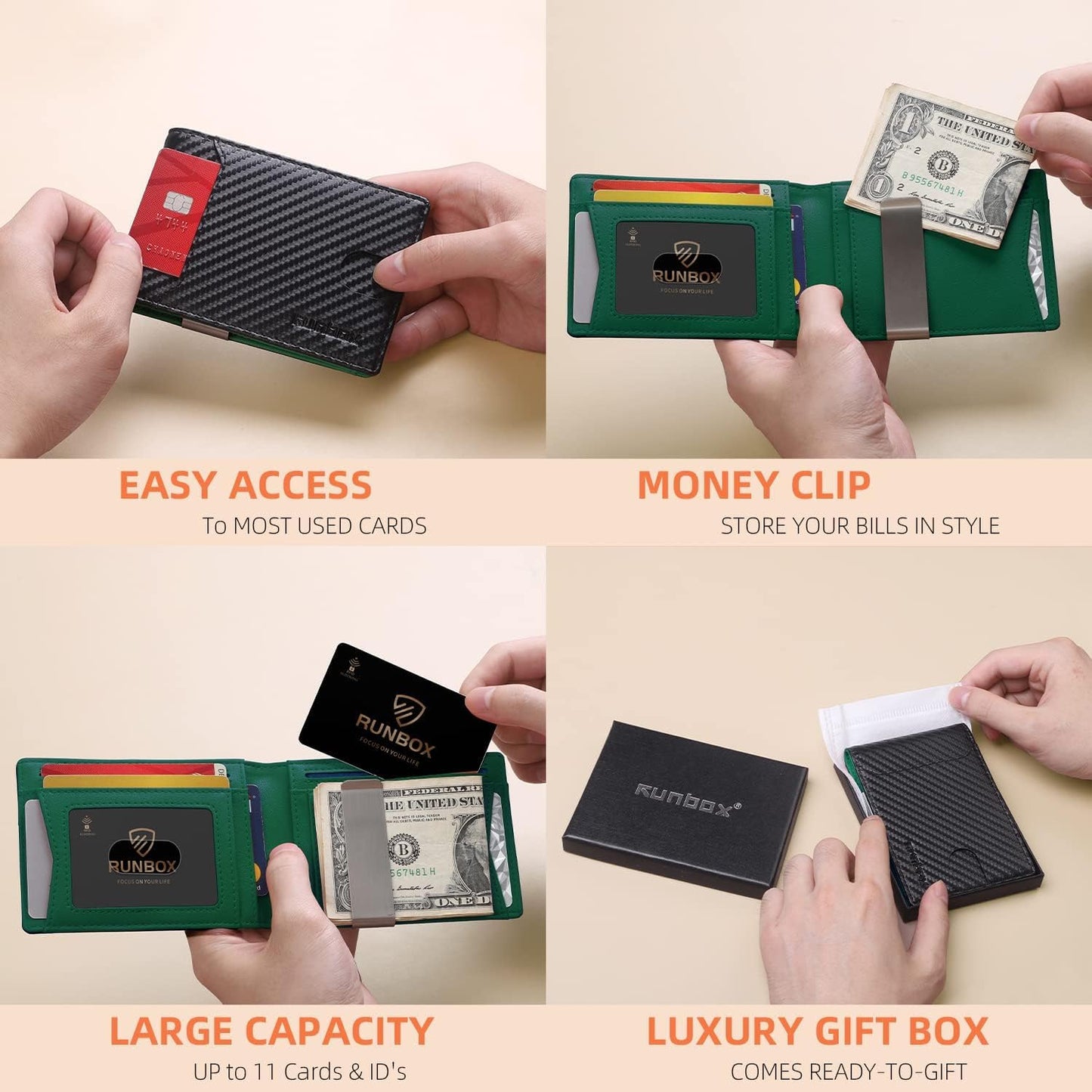 RUNBOX Slim Wallets for Men - Leather Money Clip Mens Wallet - RFID Blocking Front Pocket Bifold Wallet - Thin Credit Card Holder with Gift Box