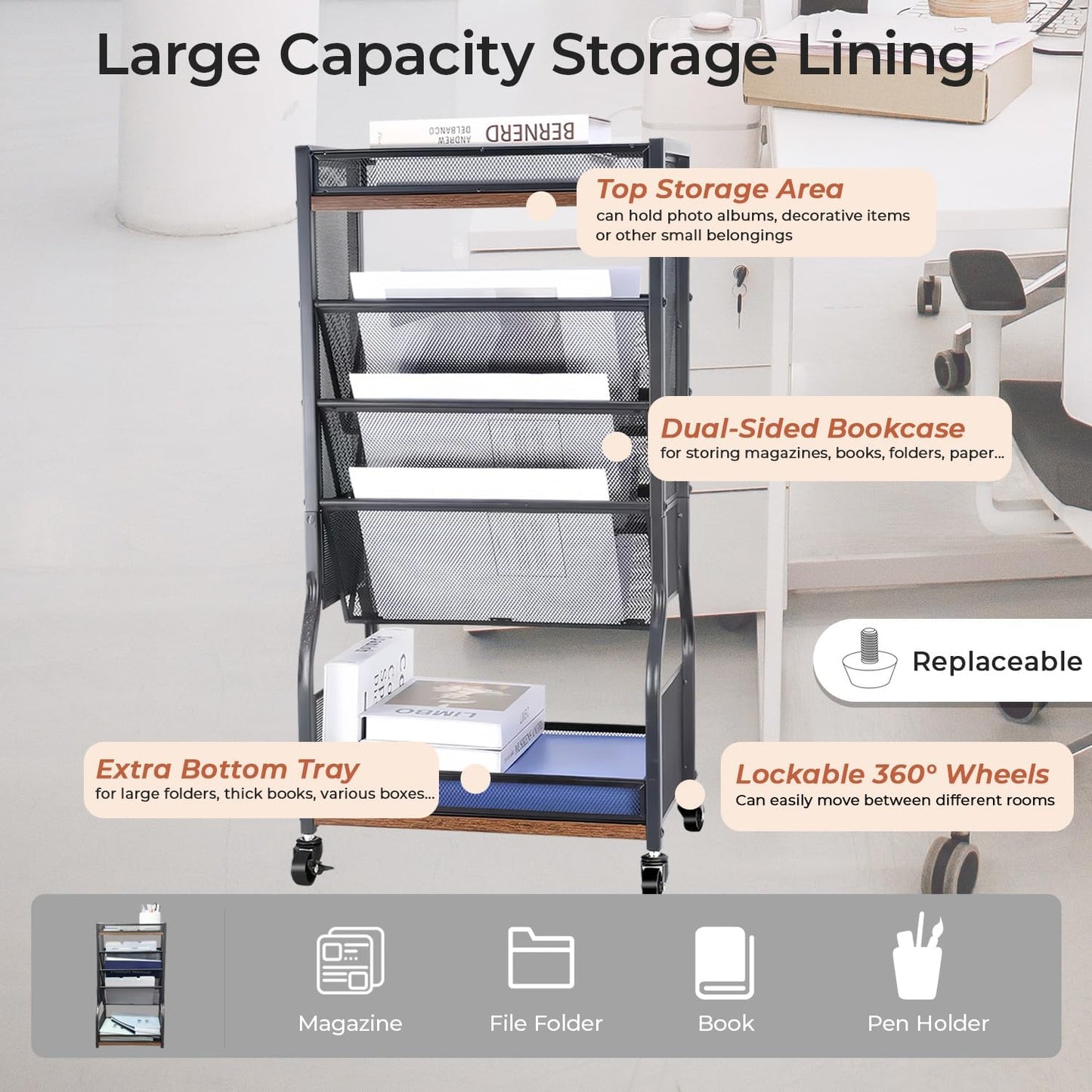 8-Tier Rolling File Cart with Lockable Wheels, Dual-Sided Bookshelf and Storage Racks, Easy to Assemble Space-Saving Utility Organizer for Home, Office, Classroom, School, or Living Room