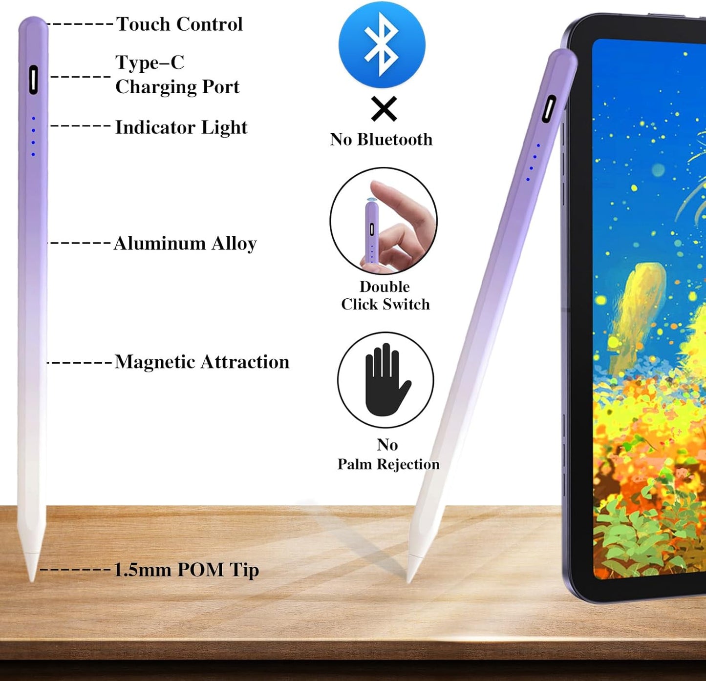 Acitve Stylus Pens for Touch Screens, iPad Pencil with 4 POM Tips Magnetic Stylus Pen for iPad/Pro/Air/Mini/iPhone/Samsung/Huawei/Lenovo/iOS/Android and Other Smartphone Devices - Purple