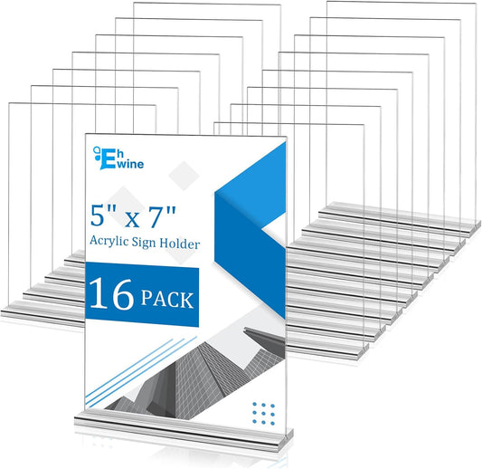 EHWINE 16 Pack Acrylic Sign Holders - 5 x 7, Double-Sided Stand Up Table Top Sign Holders, Clear Acrylic Picture Frame Menu Flyer Paper Display Stand for Office Business Store Wedding Party