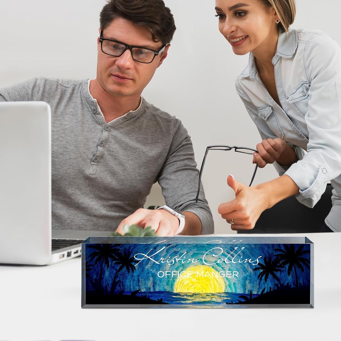 Custom Name Plate for Desk, Acrylic Office Decor For Women Men, Personalized Office Desk Accessories, Teacher Employee Appreciation Gifts For Social Worker Boss Coworkers (Moon)