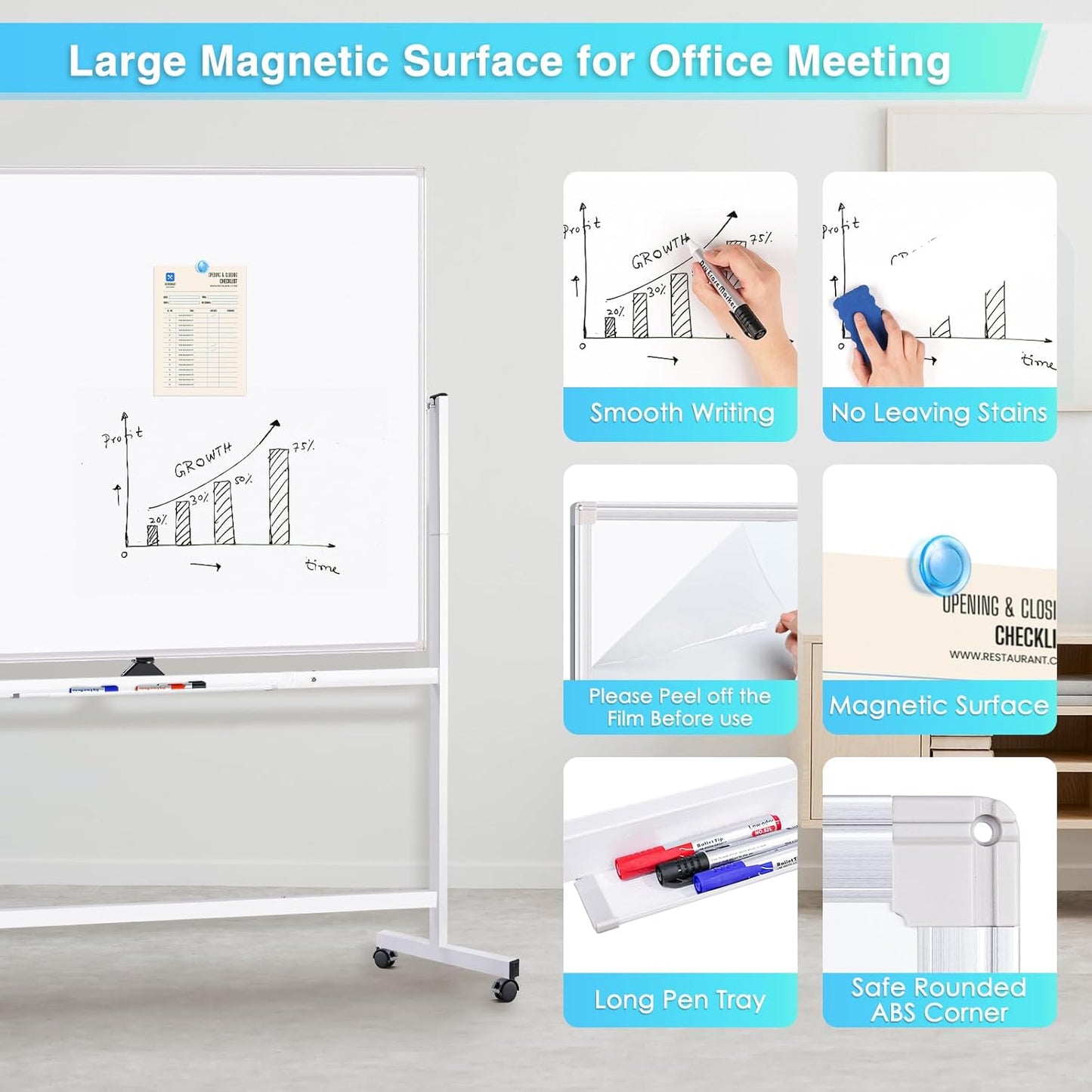 maxtek Rolling Whiteboard 60x48, Large Double-Sided White Board Dry Erase on Wheels, Giant Magnetic White Board Standing for Office, School, Home Office, Homeschool (Sliver)