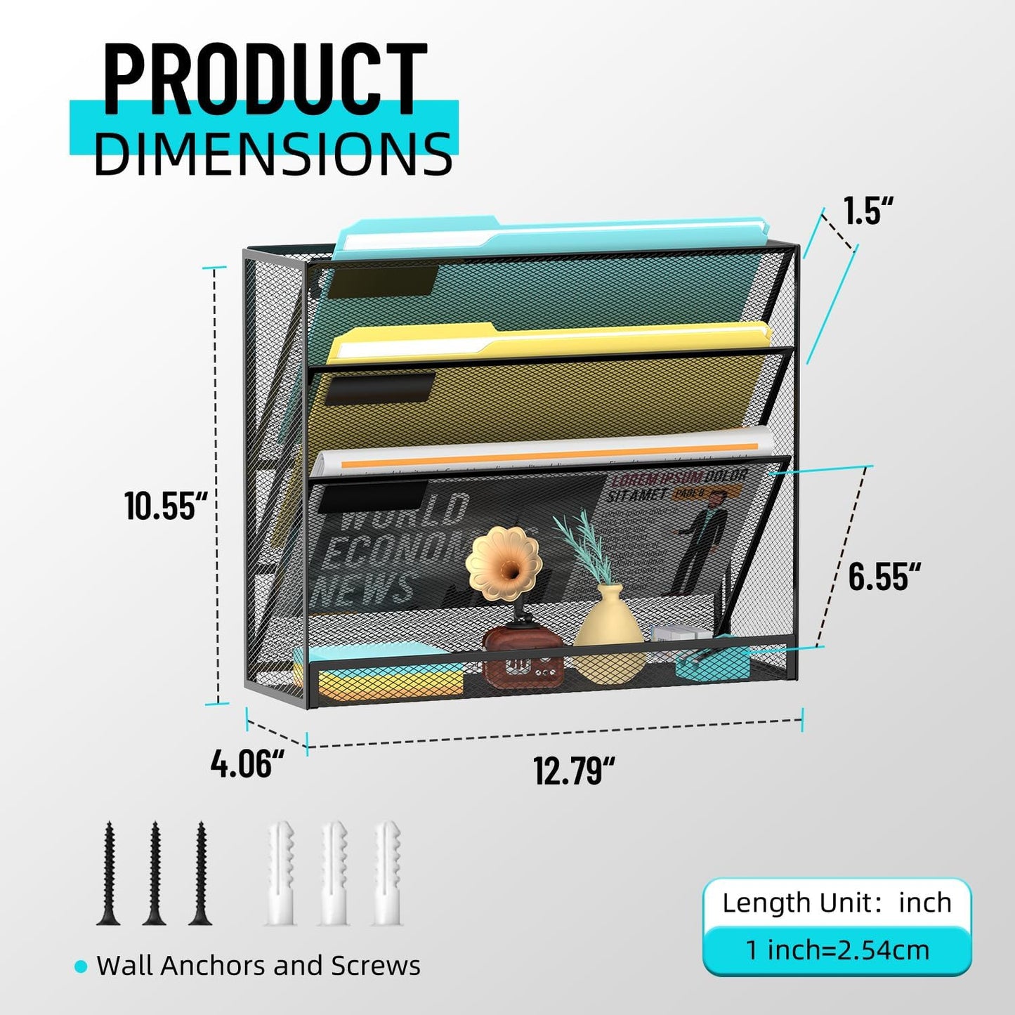 SUPEASY 4-Tier Wall File Organizer Mesh Office Mail Holder, Hanging Wall Organizer Magazine Rack for Office Black