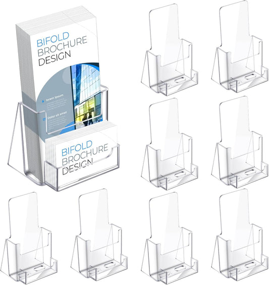Wenqik Acrylic Brochure Holder with Business Card 4.1 Inch Rack Card Holder Pamphlet Display Stand Organizer for Menu Flyer Magazine Office Booklets(8 Pcs)